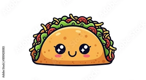 Fototapeta Cute Taco Cartoon Character with Smiling Face and Toppings.