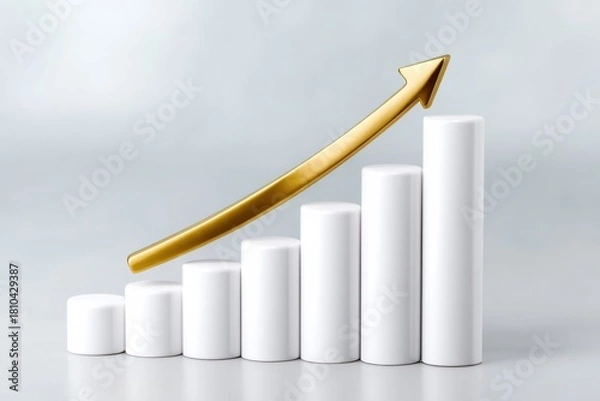 Fototapeta rendering of gold arrow climbing over bar chart, business growth and profit increase visualization 