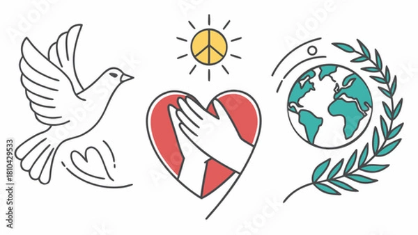 Obraz International day of peace dove heart hands earth sun olive branch symbol for world harmony and unity