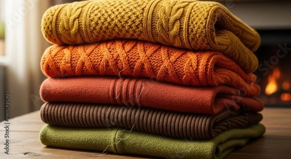 Fototapeta Cozy stack of diverse knit sweaters in warm autumn shades of mustard, orange, rust, brown, and olive, neatly folded on a wooden table. illustration