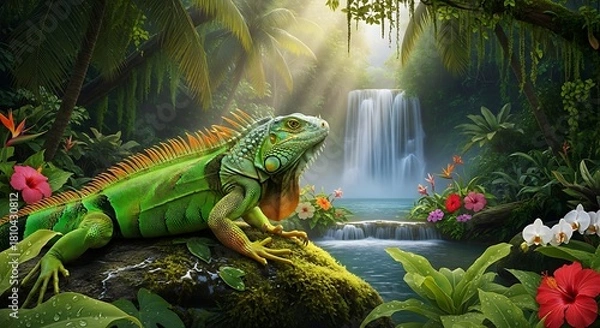 Fototapeta Iguana basking in the sun near a tropical waterfall.