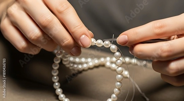 Fototapeta Detailed creation of a lustrous strand of pearls by skilled hands