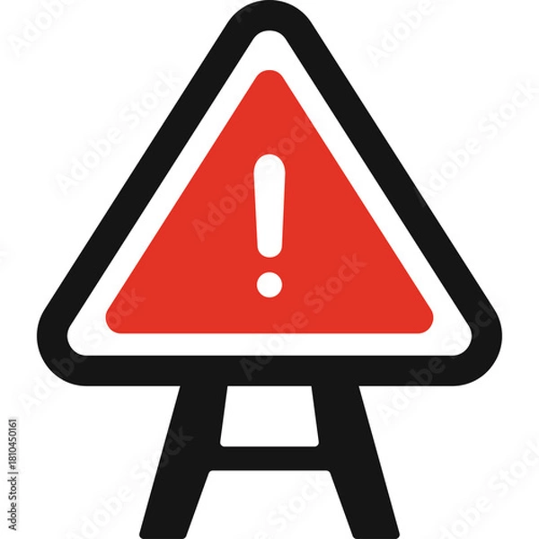 Fototapeta Red Triangle Warning Sign with White Exclamation Mark on a Black Easel Stand Graphic Art Illustration