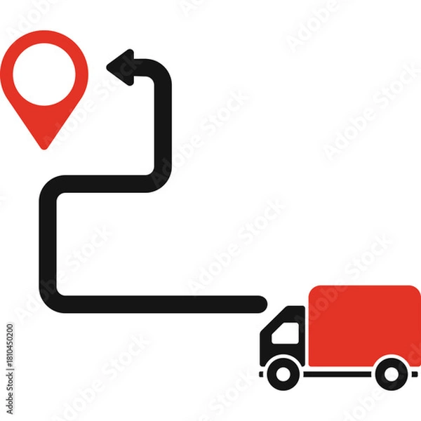 Fototapeta Red Truck Moving Along Black Route Path Showing Navigation From Red Location Pin To Destination On Transparent Background