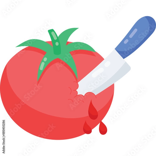 Fototapeta Red Tomato Being Sliced By A Sharp Kitchen Knife With Juice Dripping Isolated On White Background