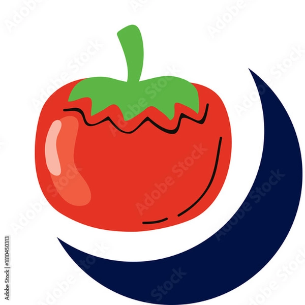 Fototapeta Red Tomato With Green Stem Next To Dark Blue Crescent Moon On A White Background