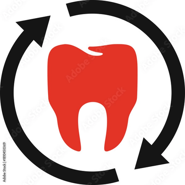 Fototapeta Red Tooth Icon With Circular Arrows Symbolizing Dental Care and Oral Hygiene Against a Transparent Background