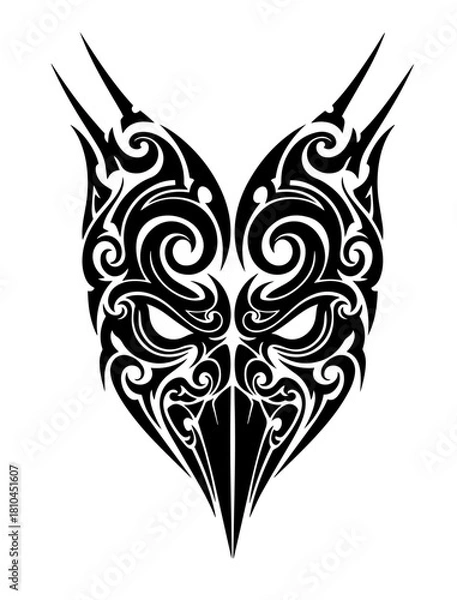 Obraz A symmetrical black tribal tattoo design depicting a stylized mystical mask with sharp horns, intricate swirls, and a pointed beak, rendered as a bold high-contrast vector silhouette illustration