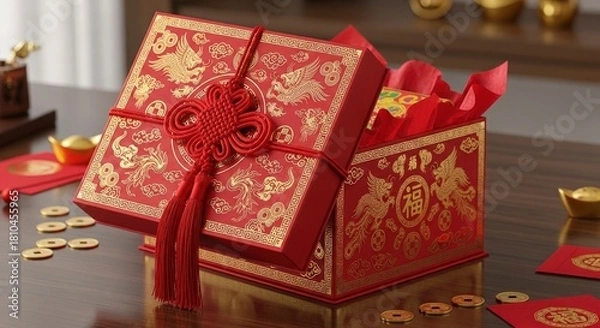 Obraz Chinese New Year Red Gift Box with Golden Decor.
