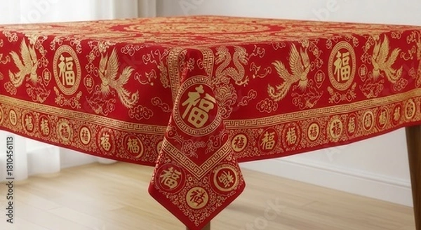 Obraz Red Gold Chinese New Year Tablecloth  Phoenix.