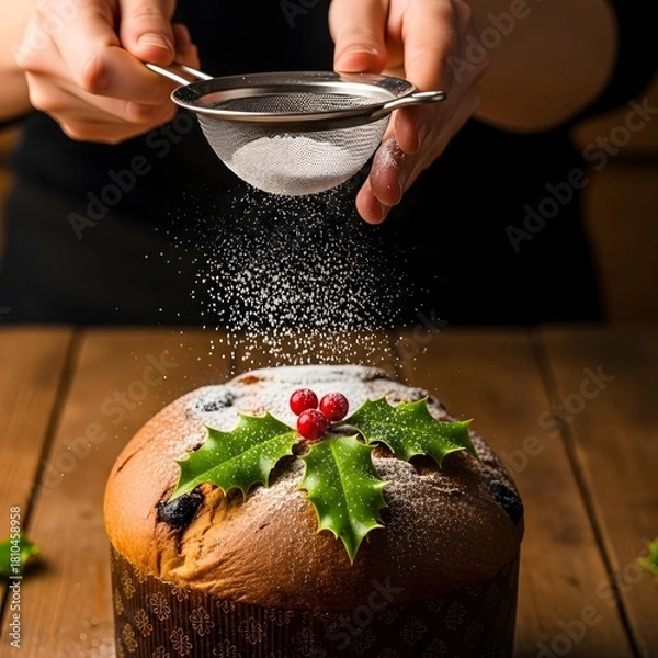 Obraz Hands sifting powdered sugar onto panettone decorated with holly and berries on a wooden surface
