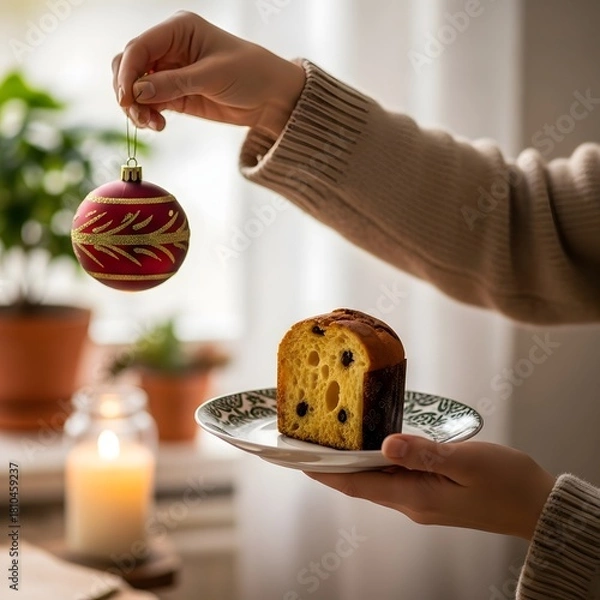 Obraz Hands holding christmas ornament and panettone slice near candle and potted plants indoors festive scene