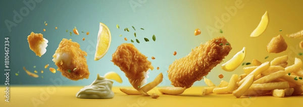 Fototapeta Dynamic Explosion of Crispy Fish and Chips with Fresh Lemon