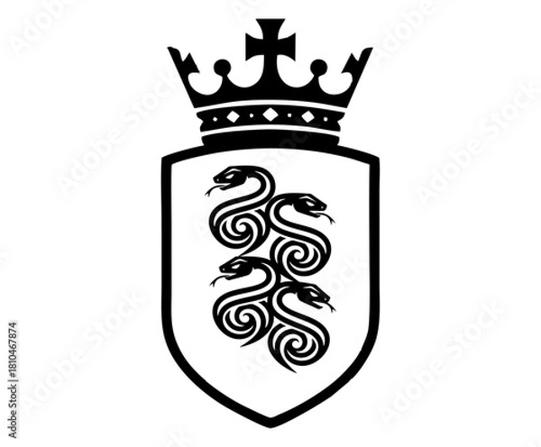 Obraz Elegant Heraldic Shield with Crown and Four Intertwined Serpents. Black and White Royal Emblem Design.
