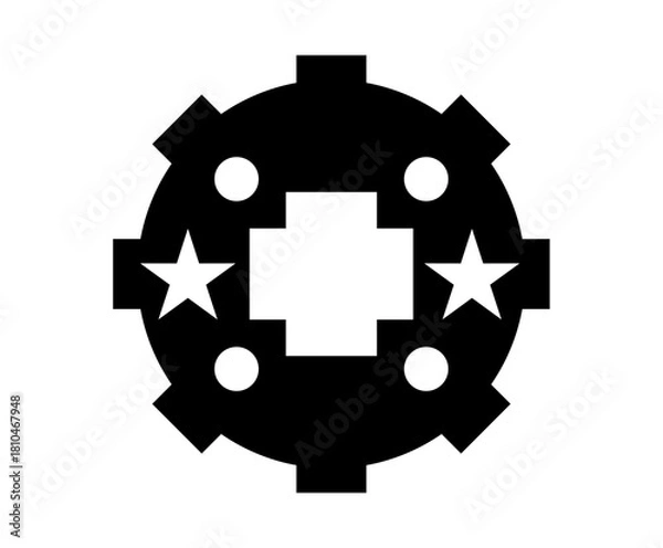 Obraz Black Cogwheel Icon with Stars and Central Cross Shape on White Background, Industrial Graphic Design Element