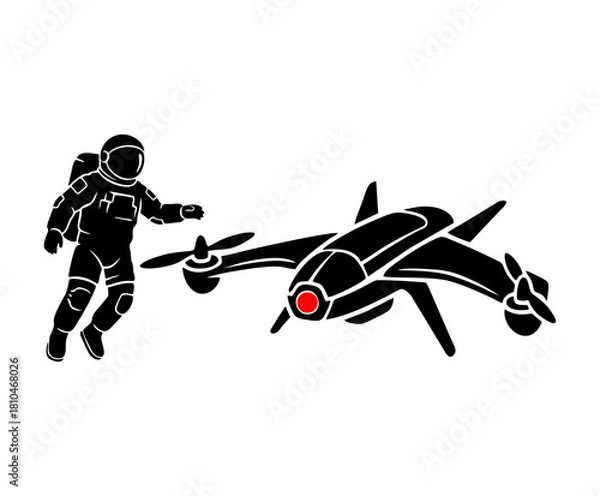 Obraz Astronaut with Futuristic Drone in Space Silhouette Icon for Advanced Exploration & Robotics