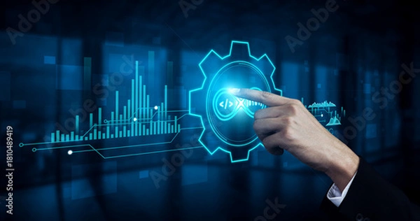 Fototapeta DevOps methodology for software development and IT operations. Automation of the CI CD pipeline enhances workflow and increases efficiency in development. Motif