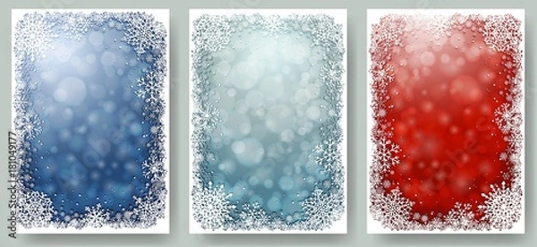 Fototapeta Zestaw kartek świątecznych z białą ramką płatki śniegu. Zimowe ilustracje z niebieskim i czerwonym niewyraźne tło bokeh i kopia przestrzeń. Wektor.