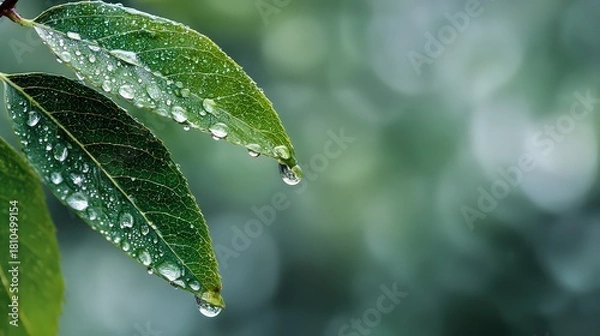 Fototapeta Close-up of Dew-Kissed Green Leaves Displaying Water Droplets Against Soft Blurred Background