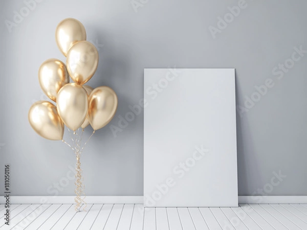 Fototapeta Frame poster mockup with gold balloons, air ballon 3d rendering