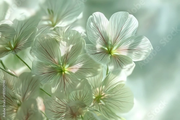 Fototapeta Close-Up Delicate White Petaled Flowers with Reddish Spots and Green Centers against a Soft Green Background