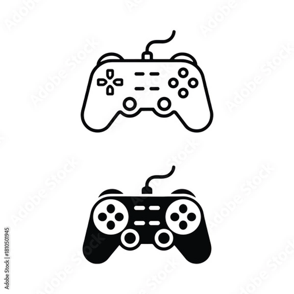 Obraz simple line art and solid black video game controller icons on a white background