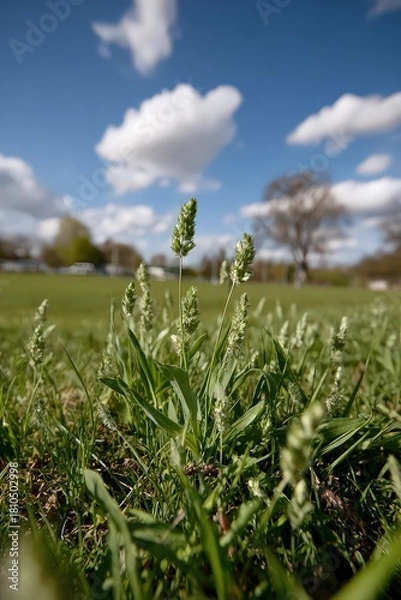Fototapeta Close Up View of Green Plants with White Flowers in a Green Field Under Blue Sky with White Clouds