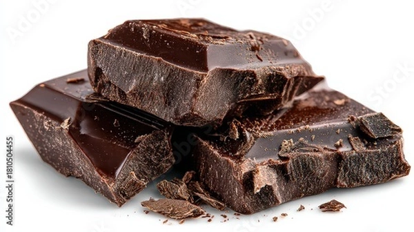 Fototapeta Delicious Dark Chocolate Pieces Stacked on White Surface with Shiny Texture and Crumbled Chocolate Shavings Isolated on White Background High Contrast