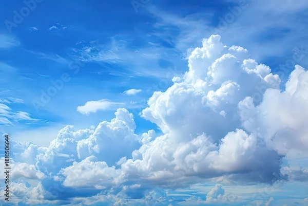 Fototapeta Fluffy White Cumulus Clouds Against a Vivid Blue Sky in Broad Daylight Atmospheric Beauty and Weather Phenomena High in the Sky