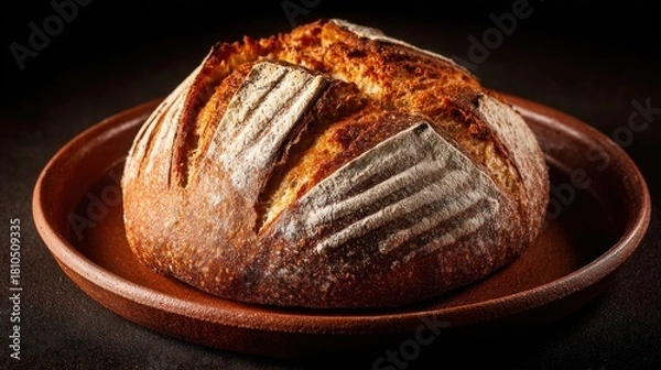 Fototapeta Loaf of rustic sourdough bread, beautifully scored, on a simple plate