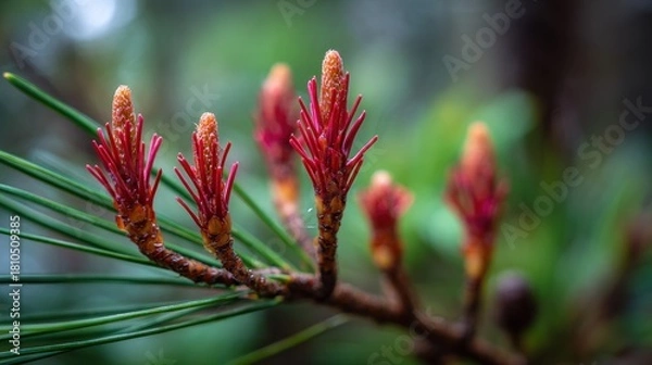 Obraz Close-up of pine branch, new reddish needles, green background