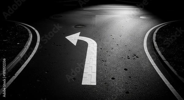 Fototapeta A Dramatic Monochrome Scene Of A Roadway With A Distinct Arrow Sign