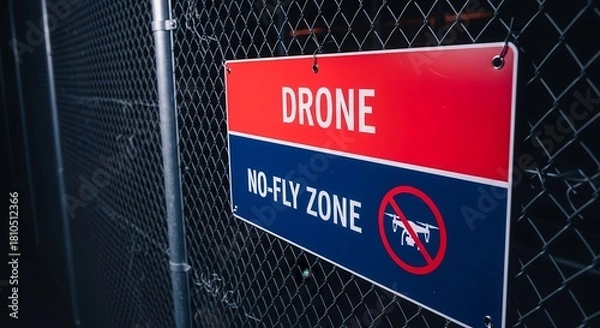 Obraz A Drone No-Fly Zone Sign On A Worn Metal Fence Warning of Restricted Airspace