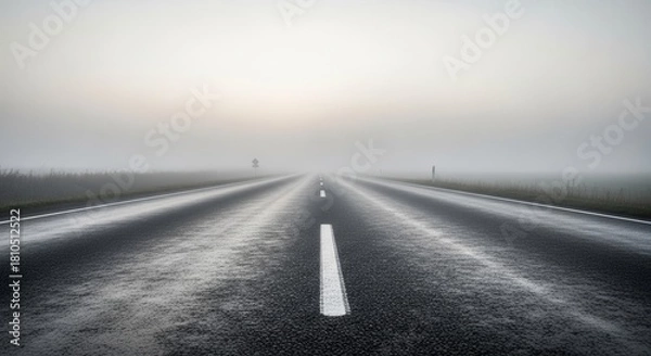 Fototapeta A Foggy Road Leading Into The Distance Amidst a Moody And Mysterious Landscape