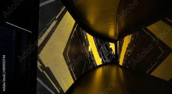 Fototapeta A Futuristic Hallway With Illuminated Panels And Geometric Patterns Is Presented