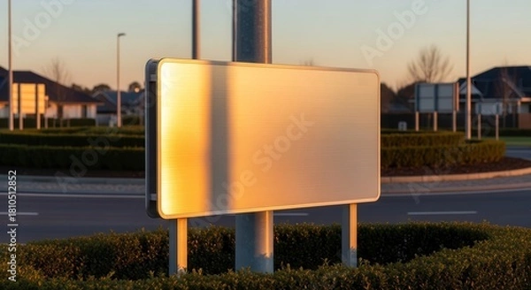 Fototapeta A Golden Sign Illuminates a Roadside Environment during the Warmth of a Sunset