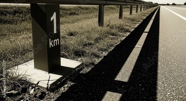 Fototapeta A Kilometer Marker Alongside A Highway, Depicting Long Shadows And The Path Ahead