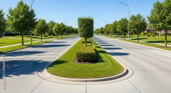 Fototapeta A Lush Green Street, with Carefully Landscaped Median and Beautiful Trees Under a Clear Sky