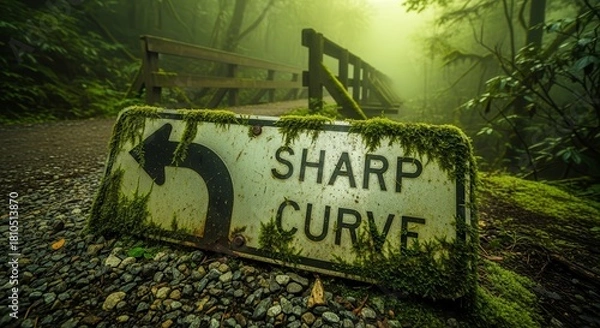 Obraz A Misty Forest Scene Featuring a Sharp Curve Sign and Mossy Environment