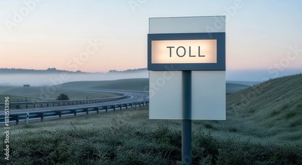 Fototapeta A Misty Morning View Of A Toll Road With Signage Against A Scenic Background