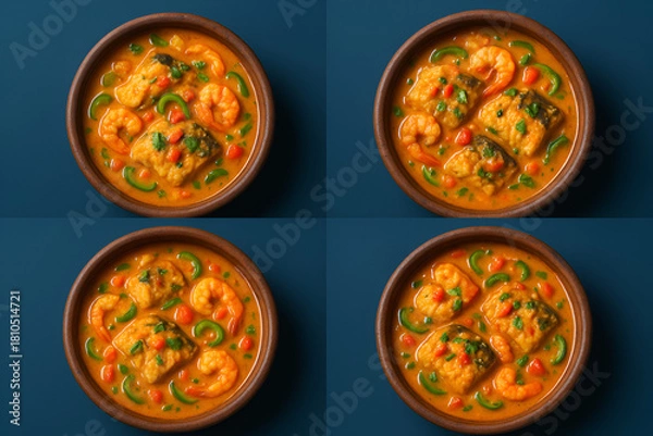 Fototapeta four Moqueca on Blue Background
