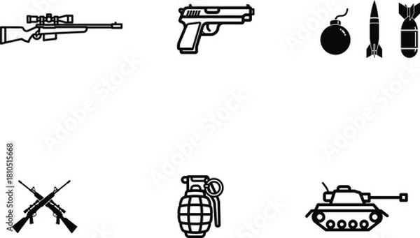 Fototapeta Collection of weapon outline illustrations representing different types of armaments for military operations and combat situations offering design elements for defense and security themes