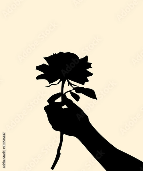 Fototapeta Silhouette of hand holding a rose flower on finger. Icon of natural grabbing plant concept design. Vector illustration.