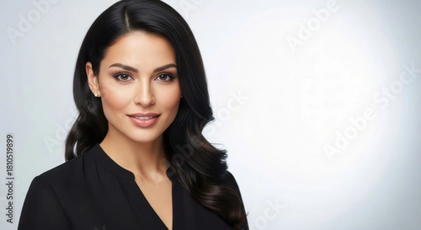 Fototapeta Stunning professional woman smiling with beautiful dark hair and clear skin, ample negative space for text.