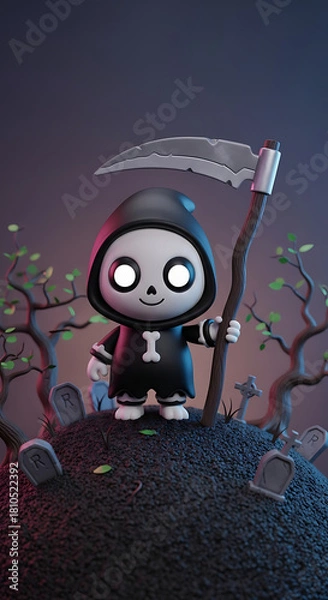 Fototapeta Tiny adorable grim reaper blunt scythe miniature graveyard