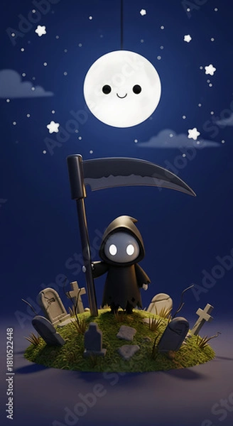 Fototapeta Tiny adorable grim reaper blunt scythe miniature graveyard