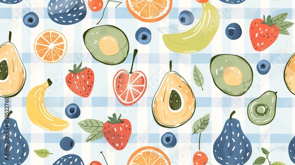 Fototapeta Seamless pattern of colorful hand-drawn fruits over blue gingham background in playful style