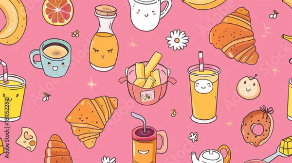 Obraz Seamless kawaii breakfast pattern with croissants, drinks, and smiling food on pink background