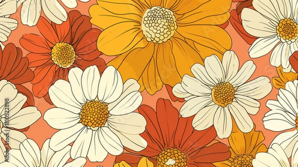 Obraz Seamless retro floral pattern with large daisies in warm earth tones on orange background