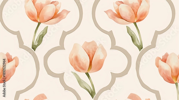 Fototapeta Elegant seamless pattern of pale pink tulips with leaves over soft geometric cream background